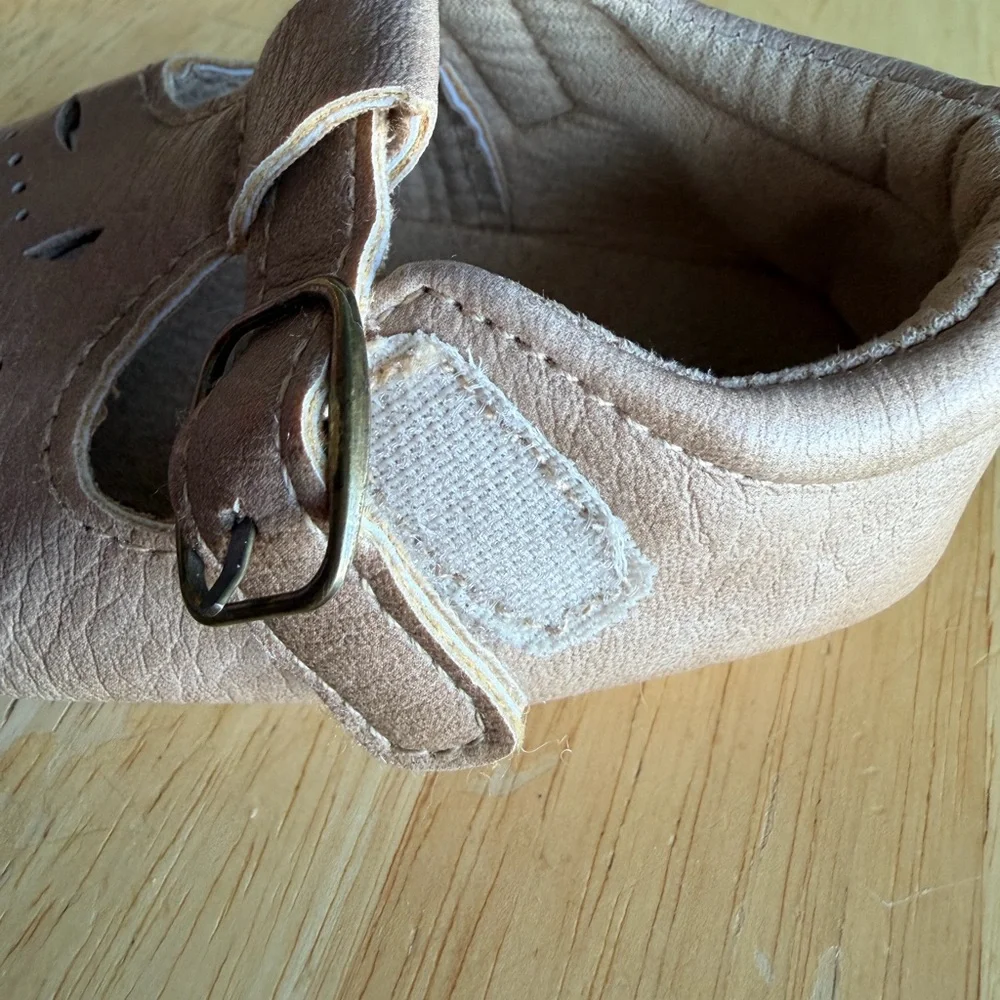 Baby Mary Jane Shoes Tan Faux Leather Cutout T-Strap Soft Sole Infant
